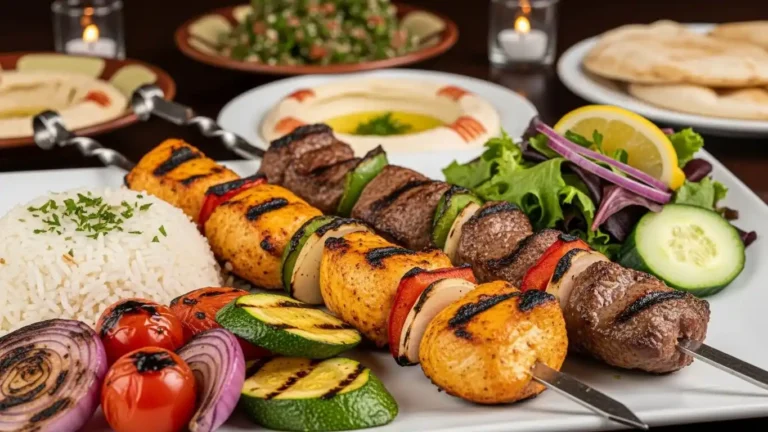 Grillezett halal kebab csirke és bárány nyársak rizzsel Budapest török étteremben