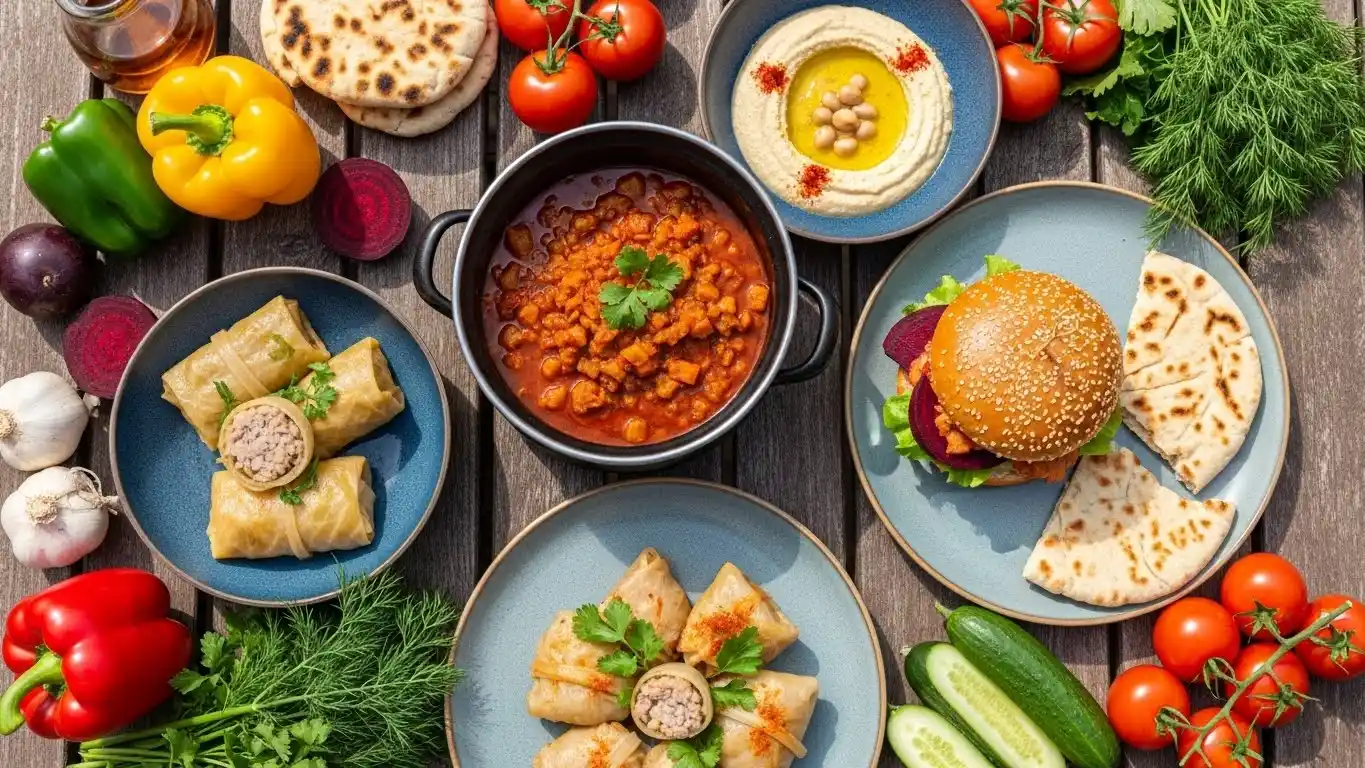 "Hagyományos magyar vegán ételek - babgulyás, töltött káposzta és rántott növényi sajt