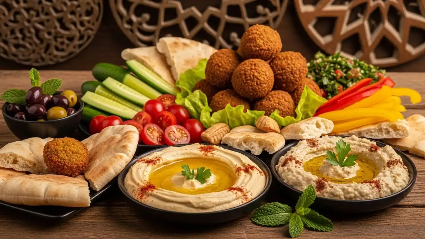 Autentikus libanoni mezze tál humusz, falafel és friss zöldségekkel Budapest halal étteremben
