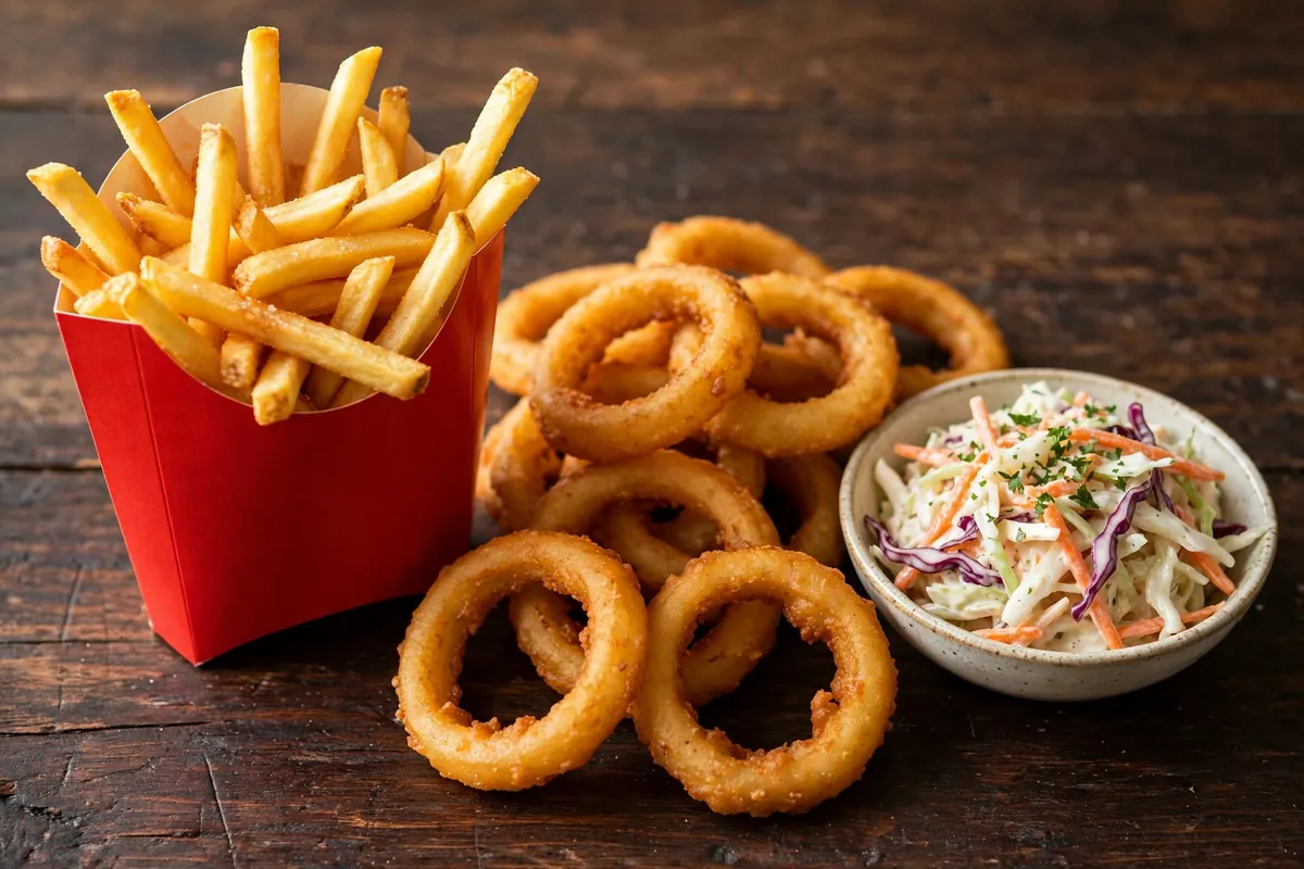 KFC prílohy – hranolky, cibuľové krúžky a coleslaw